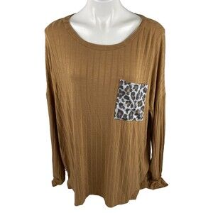 Haptics Women 3X Long Sleeve Top Brown Ribbed Leopard Print Pocket NWT